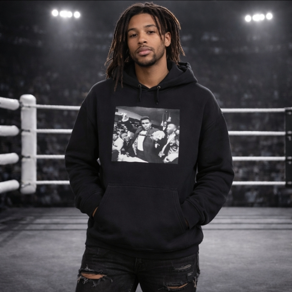 Muhammad Ali Black fleece Hoodie Graphics Rare Boxing Great sz XL